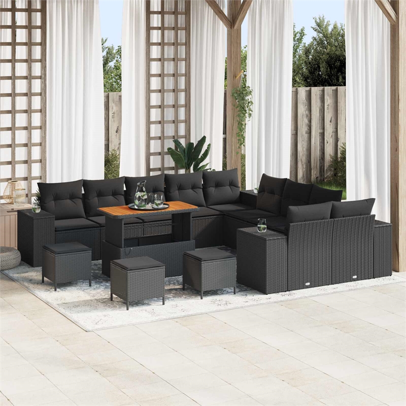 vidaXL Solid Acacia Wood Small Sofa Set with Cushions in Black