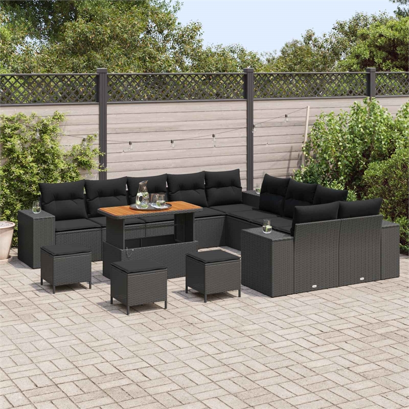 vidaXL Solid Acacia Wood Small Sofa Set with Cushions in Black