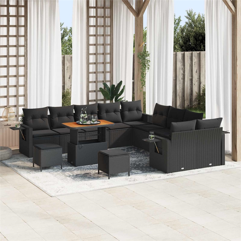 vidaXL Solid Acacia Wood Sofa Set with Cushions in Black