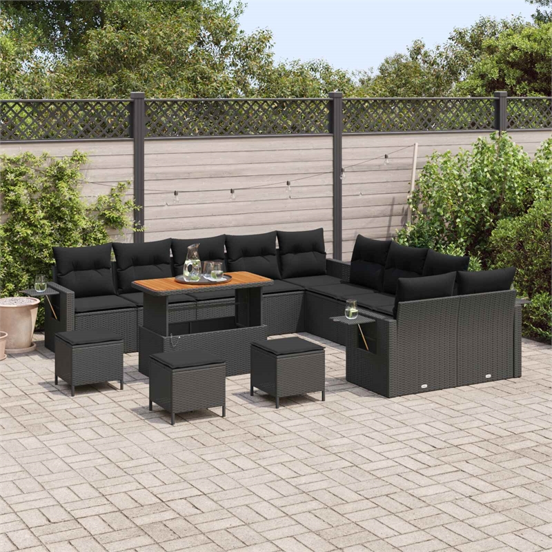 vidaXL Solid Acacia Wood Sofa Set with Cushions in Black