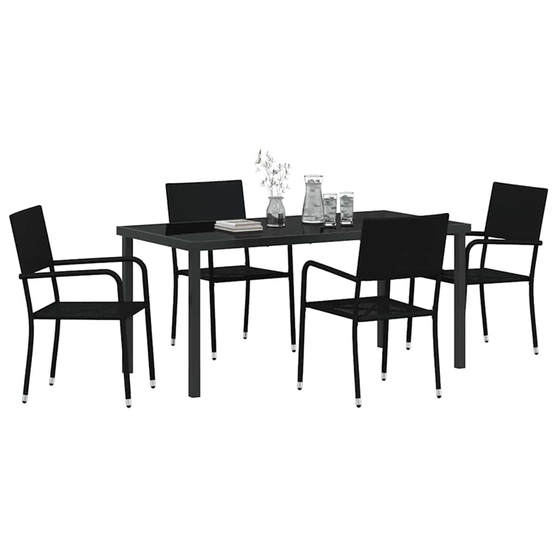 vidaXL Poly Rattan Dining Set with Cushions in Black