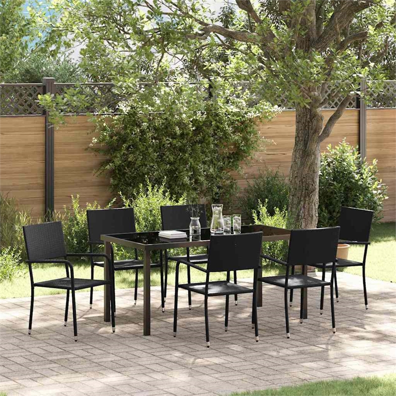 vidaXL Poly Rattan Dining Set with Cushions in Black