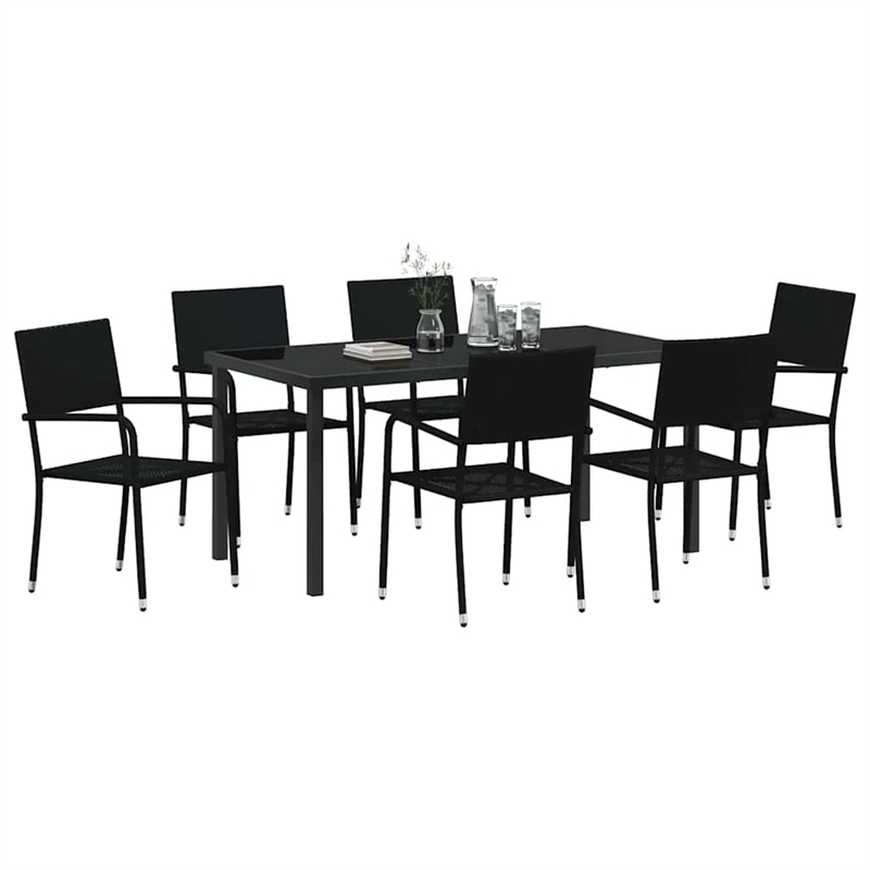 vidaXL Poly Rattan Dining Set with Cushions in Black