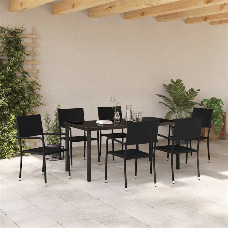 vidaXL Poly Rattan Dining Set with Cushions in Black