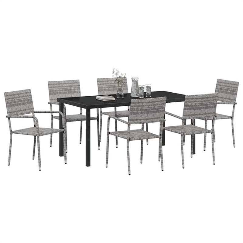 vidaXL Poly Rattan Dining Set with Cushions in Gray
