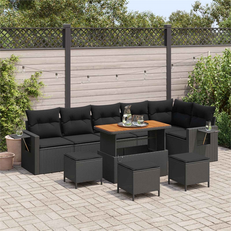 vidaXL Solid Acacia Wood Sofa Set with Cushions in Black