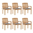 vidaXL 6 pcs Solid Teak Wood Stacking Patio Chairs with Cushions in Gray