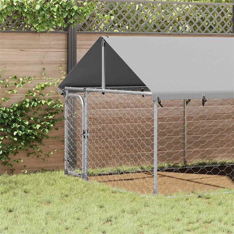 vidaXL Large Galvanized Steel and Polyethylene Dog Kennel in Silver