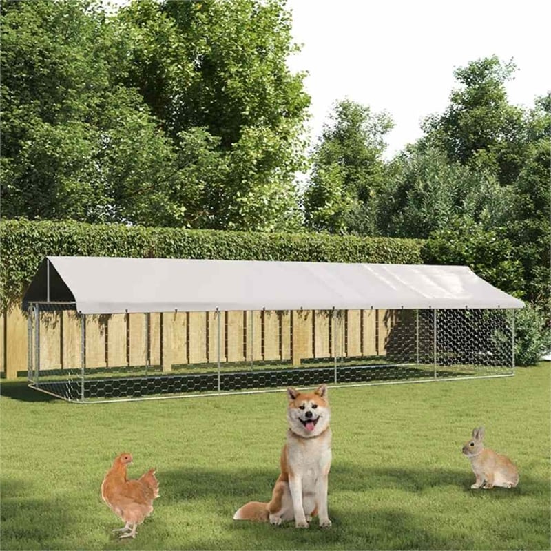 vidaXL Large Galvanized Steel and Polyethylene Dog Kennel in Silver