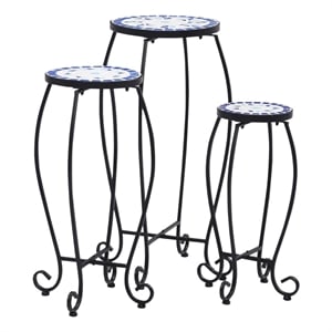 vidaXL Small Iron and ceramic Table in Blue and White (Set of 3)