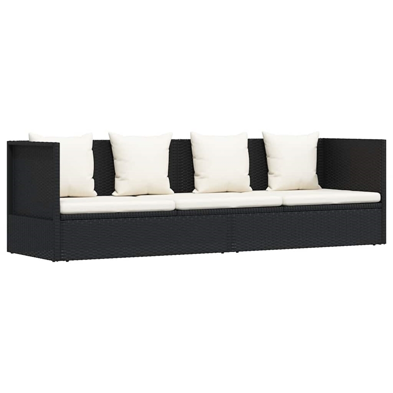 vidaXL Rattan Sun Lounger in Black and Cream White Cushions