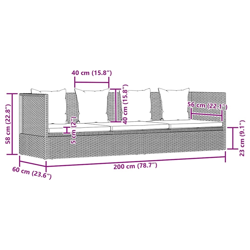 vidaXL Rattan Sun Lounger in Black and Cream White Cushions