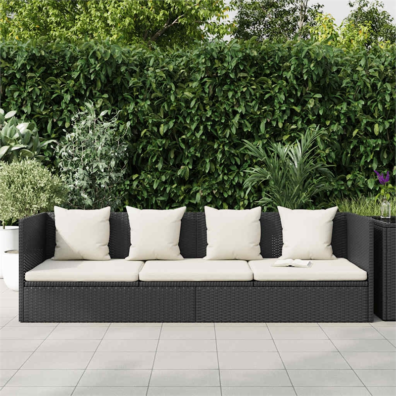 vidaXL Rattan Sun Lounger in Black and Cream White Cushions