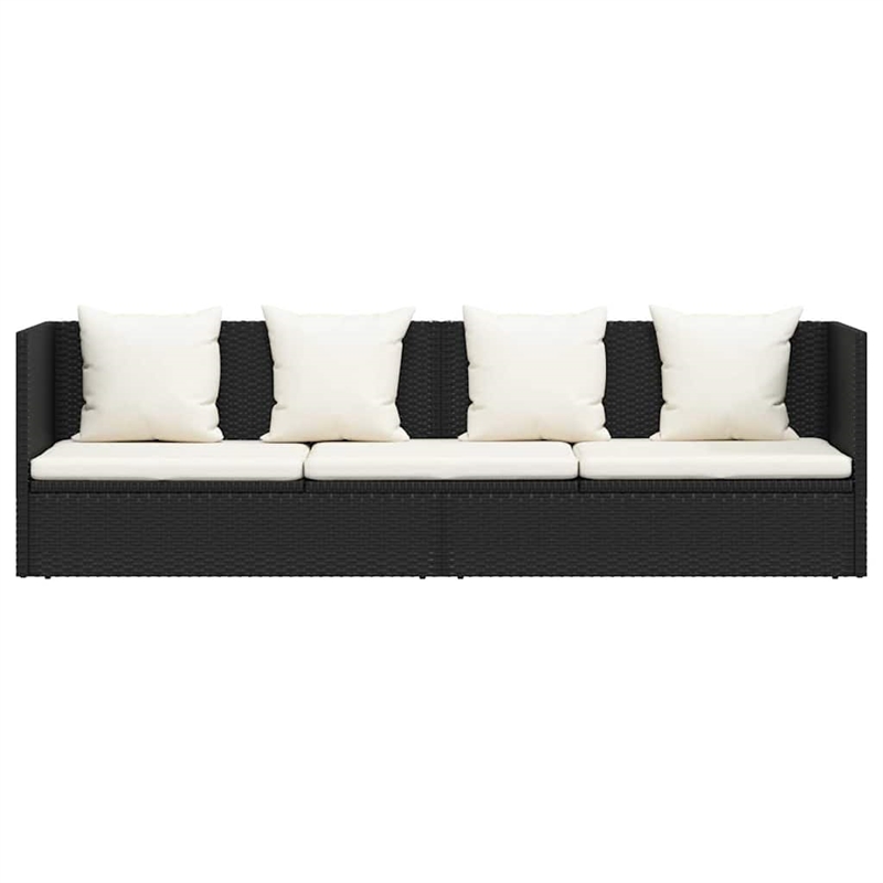 vidaXL Rattan Sun Lounger in Black and Cream White Cushions