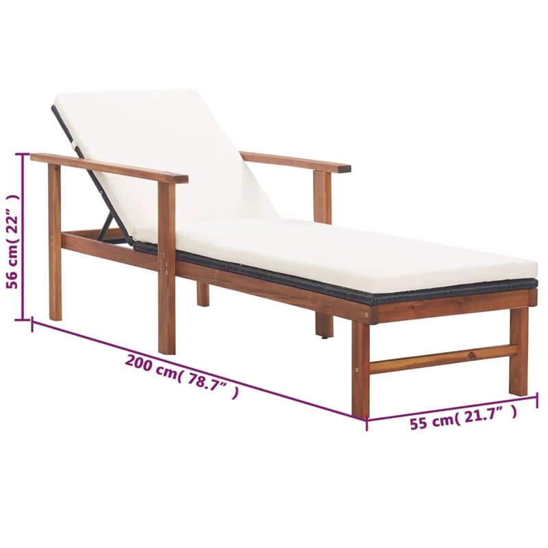 vidaXL Poly Rattan Sun Lounger in Black and Cream White Cushions