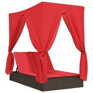 vidaXL Poly Rattan Double Sun Lounger with Roof and Curtains in Brown