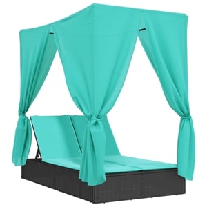 vidaXL Poly Rattan Double Sun Lounger with Roof and Curtains in Black