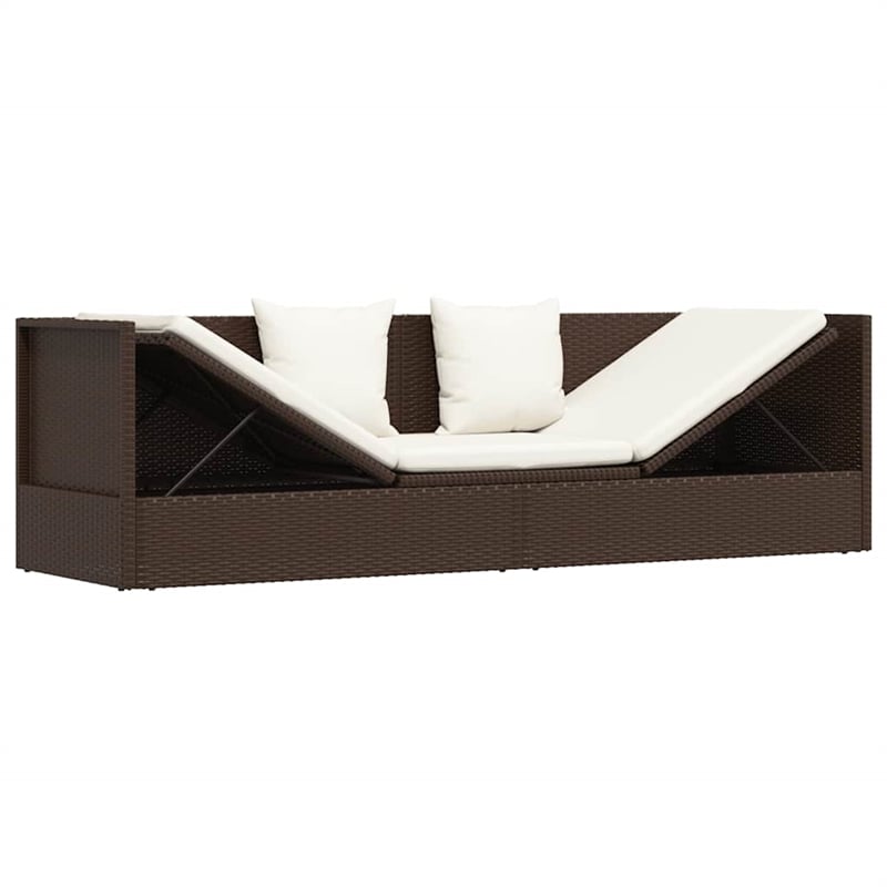 vidaXL Foldable Rattan Sun Lounger in Brown and Cream White Cushions