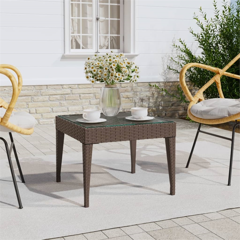 vidaXL Poly Rattan and Tempered Glass Side Table in Brown