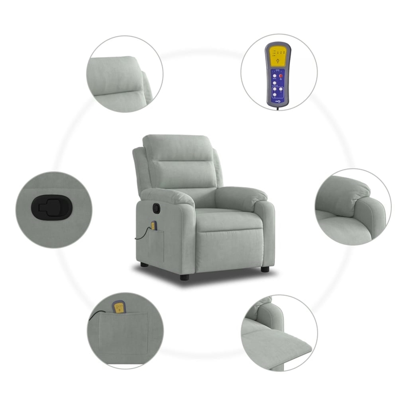 vidaXL Velvet Massage Recliner Chair in Light Grey