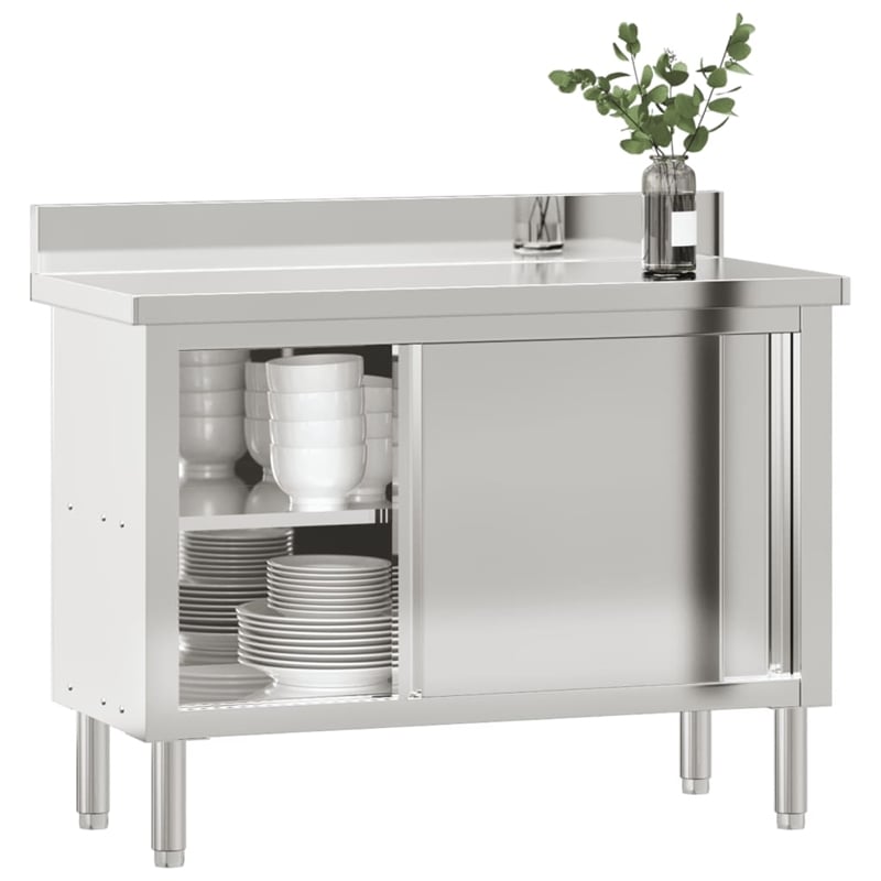 vidaXL Stainless Steel Kitchen Work Table with Sliding Doors in Steel