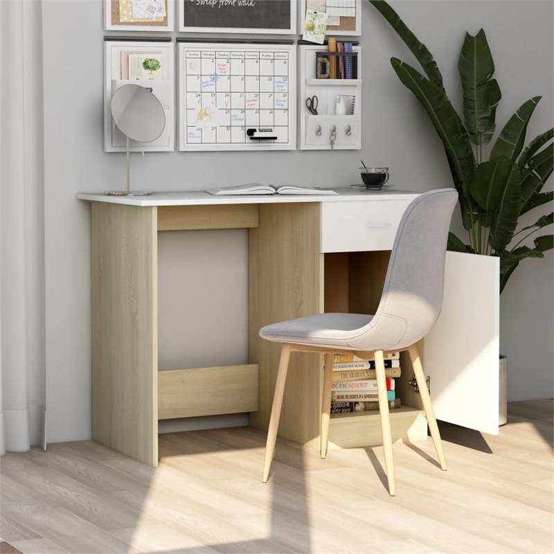 vidaXL Engineered Wood Medium Desk in White/Sonoma Oak