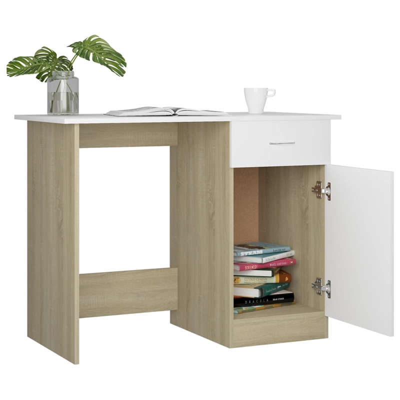 vidaXL Engineered Wood Medium Desk in White/Sonoma Oak