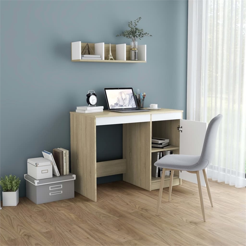 vidaXL Engineered Wood Medium Computer Desk in White/Sonoma Oak