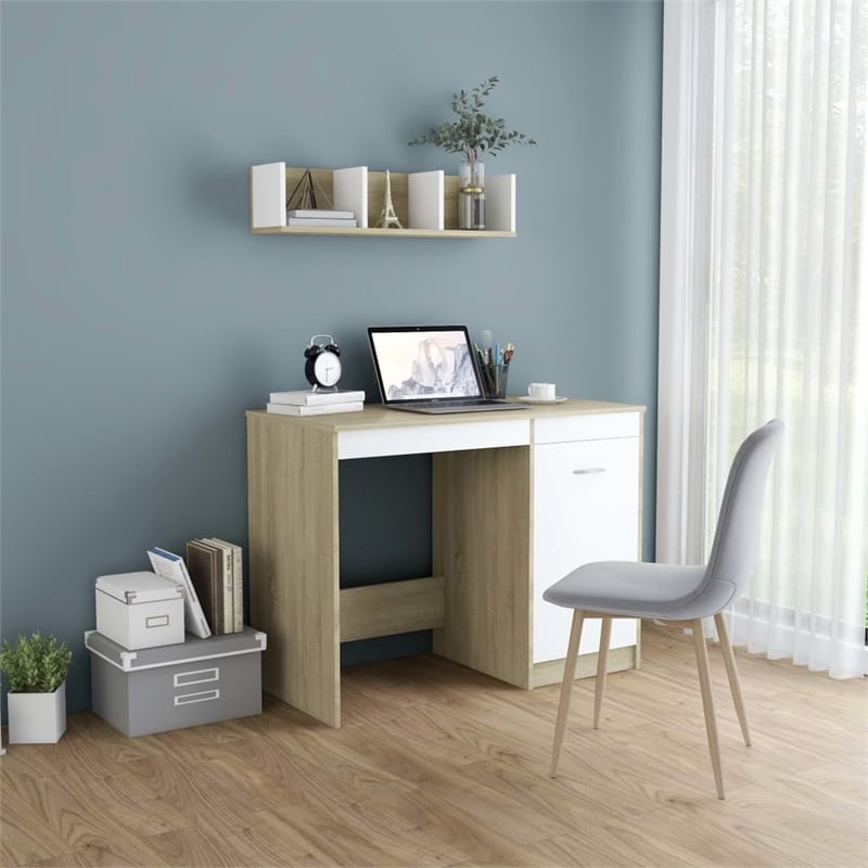 vidaXL Engineered Wood Medium Computer Desk in White/Sonoma Oak