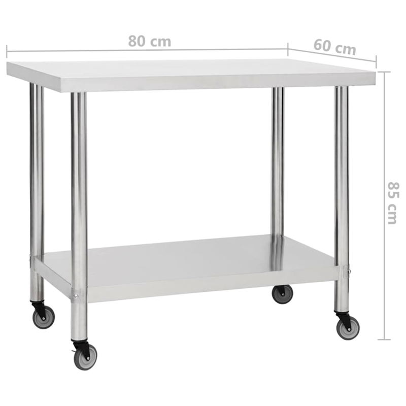 vidaXL Stainless Steel Kitchen Work Table with Wheels in White