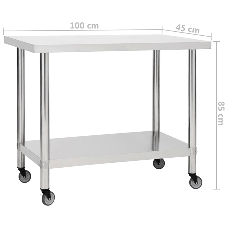 vidaXL Stainless Steel Kitchen Work Table with Wheels in White