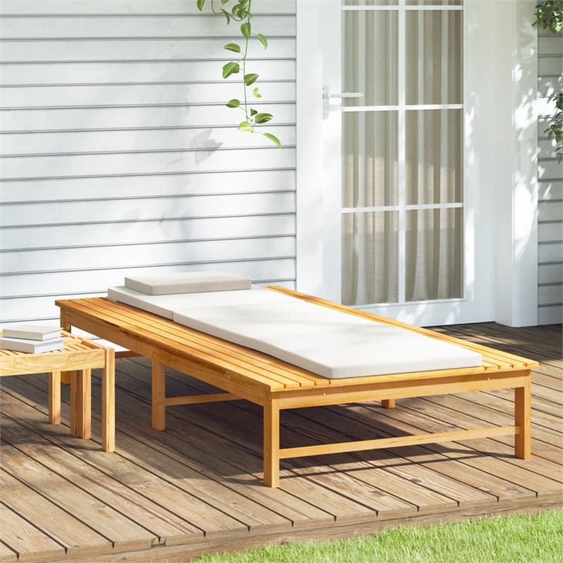 vidaXL Solid Acacia Wood and Polyester Large Sun Lounger in Cream White