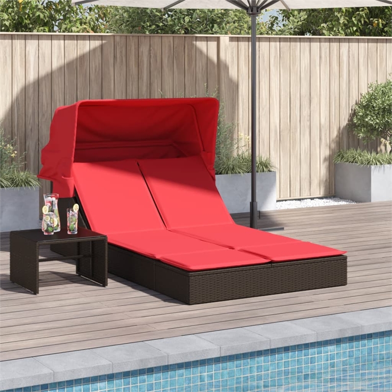 vidaXL Poly Rattan Double Sun Lounger w/ Canopy & Cushions in Gray