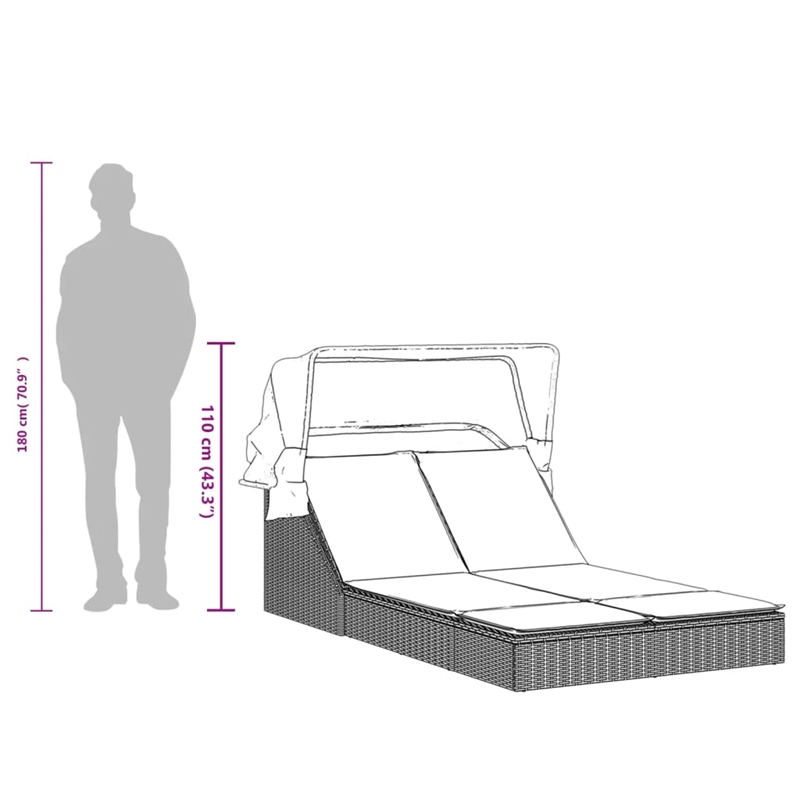 vidaXL Poly Rattan Double Sun Lounger w/ Canopy & Cushions in Gray