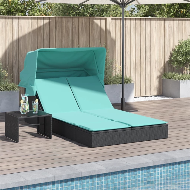 vidaXL Poly Rattan Double Sun Lounger w/ Cushions in Black
