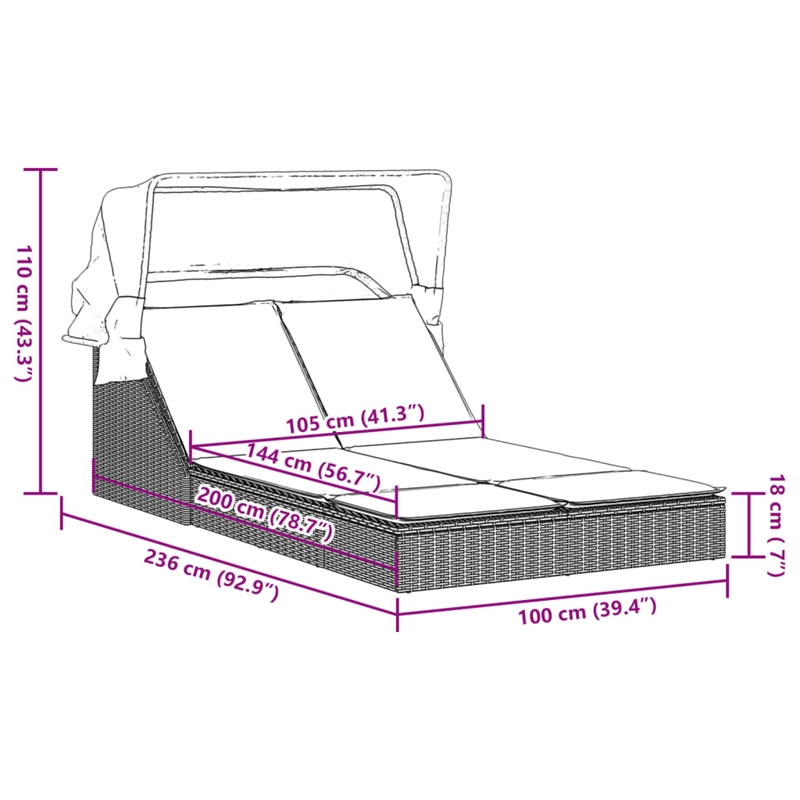 vidaXL Double Sun Lounger in Black and Cream White