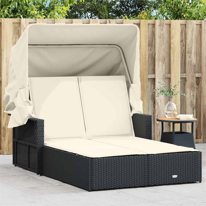vidaXL PE Rattan Double-Sized Sun Lounger in Black
