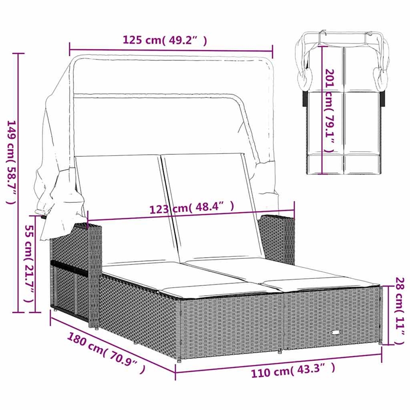 vidaXL PE Rattan Double-Sized Sun Lounger in Black
