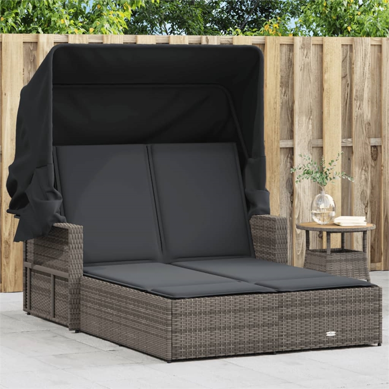 vidaXL PE Rattan Double Sun Lounger with Adjustable Armrests in Gray