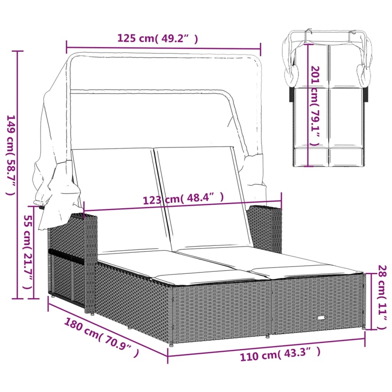 vidaXL PE Rattan Double Sun Lounger with Adjustable Armrests in Gray