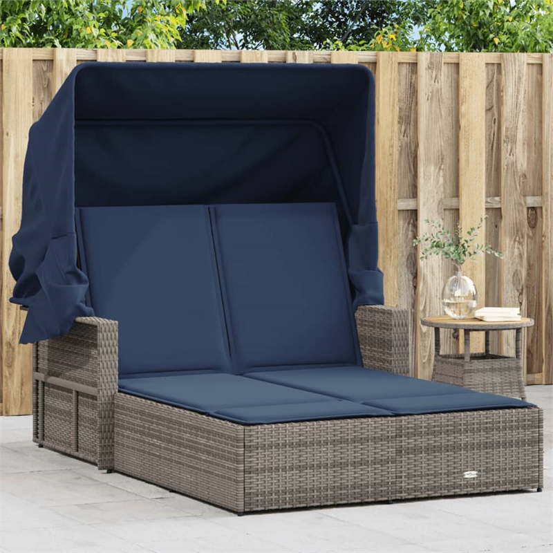 vidaXL PE Rattan Double Sun Lounger with Navy Blue Cushions in Gray