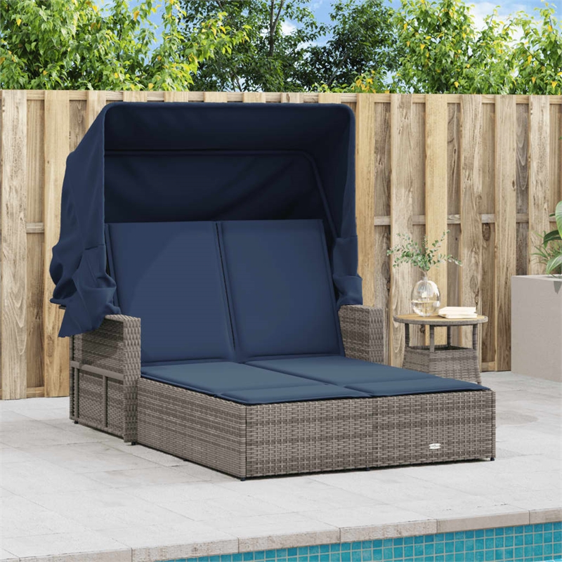 vidaXL PE Rattan Double Sun Lounger with Navy Blue Cushions in Gray