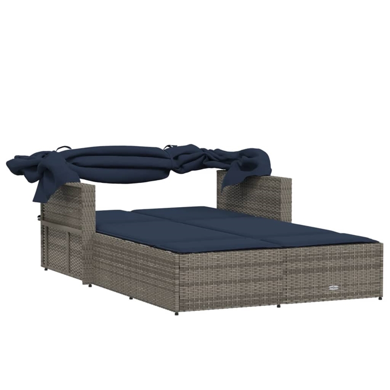 vidaXL PE Rattan Double Sun Lounger with Navy Blue Cushions in Gray