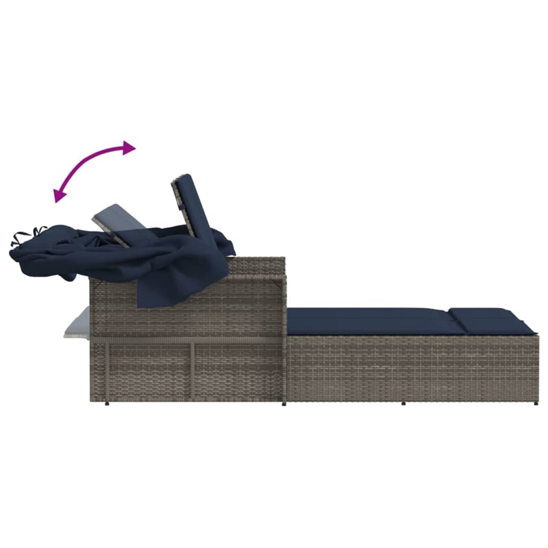 vidaXL PE Rattan Double Sun Lounger with Navy Blue Cushions in Gray
