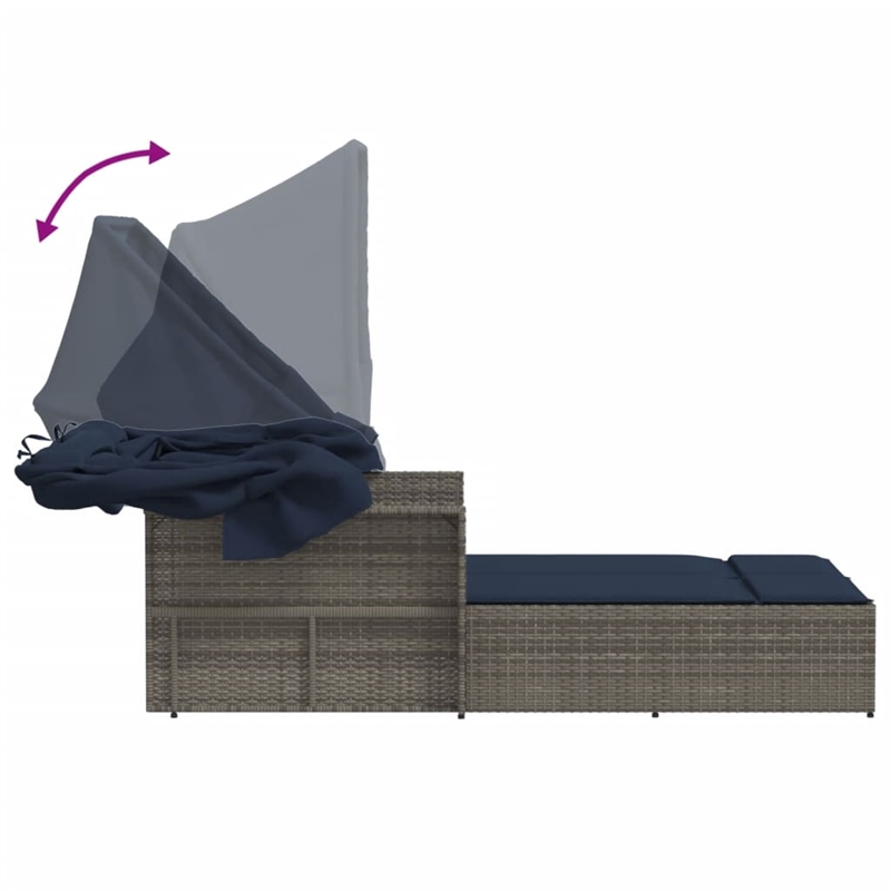 vidaXL PE Rattan Double Sun Lounger with Navy Blue Cushions in Gray
