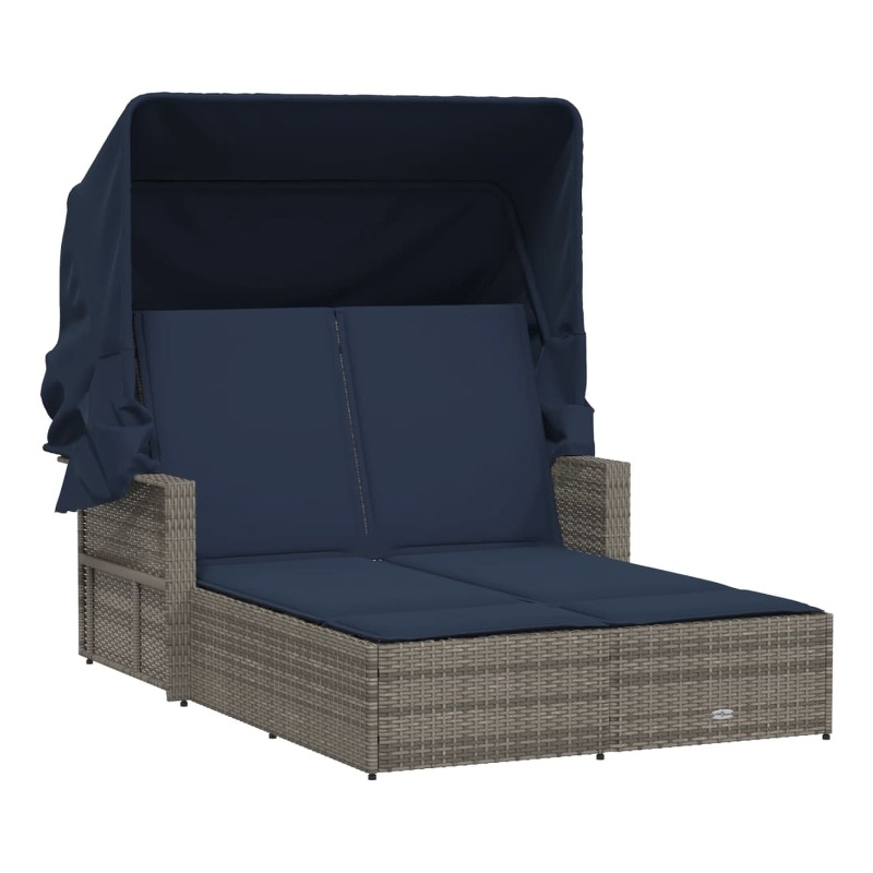 vidaXL PE Rattan Double Sun Lounger with Navy Blue Cushions in Gray
