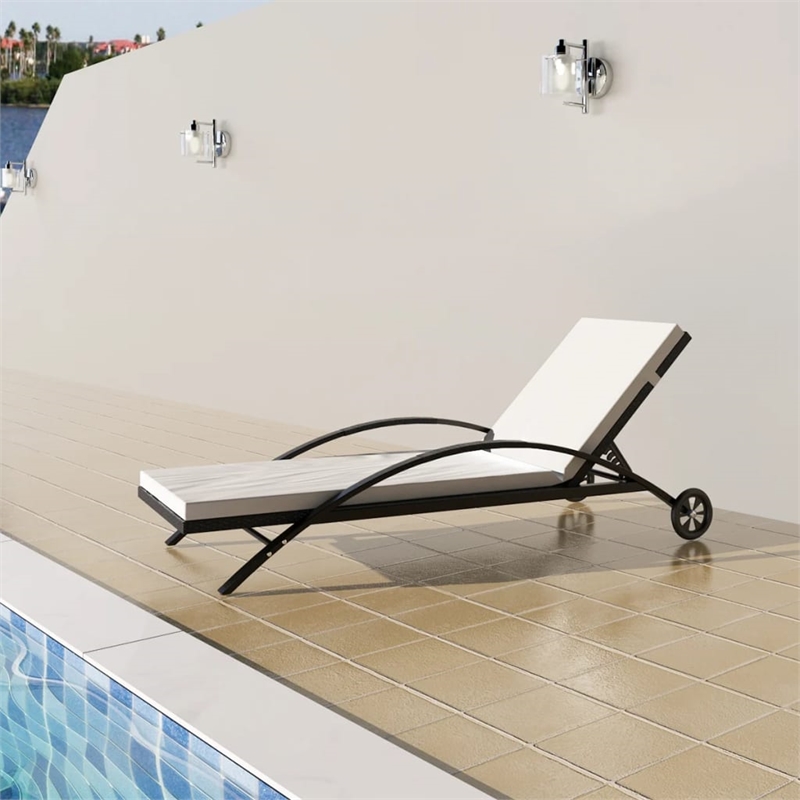 vidaXL PE Rattan Sun Lounger 78.7in w/ Cushion in Black & Cream White