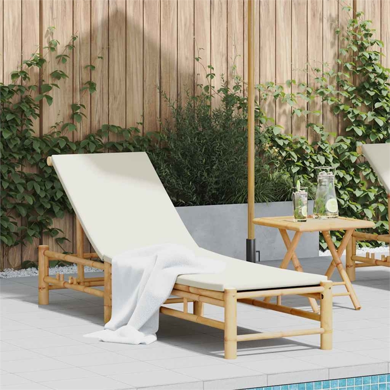 vidaXL Bamboo Standard Sun Lounger w/ Adjustable Armrests in Cream White