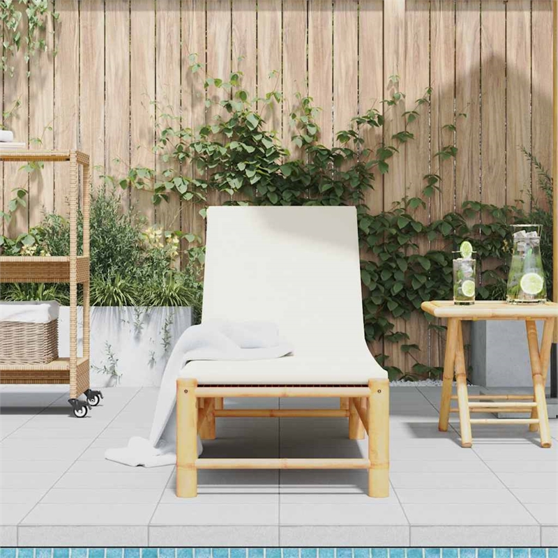 vidaXL Bamboo Standard Sun Lounger w/ Adjustable Armrests in Cream White