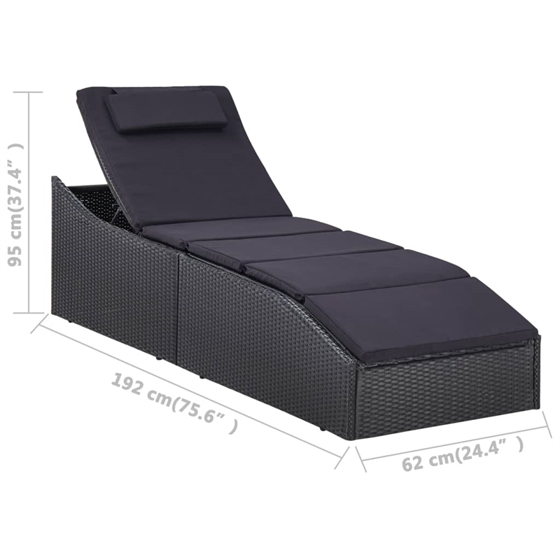 vidaXL Poly Rattan & Steel Sunbed Standard with Cushion in Black